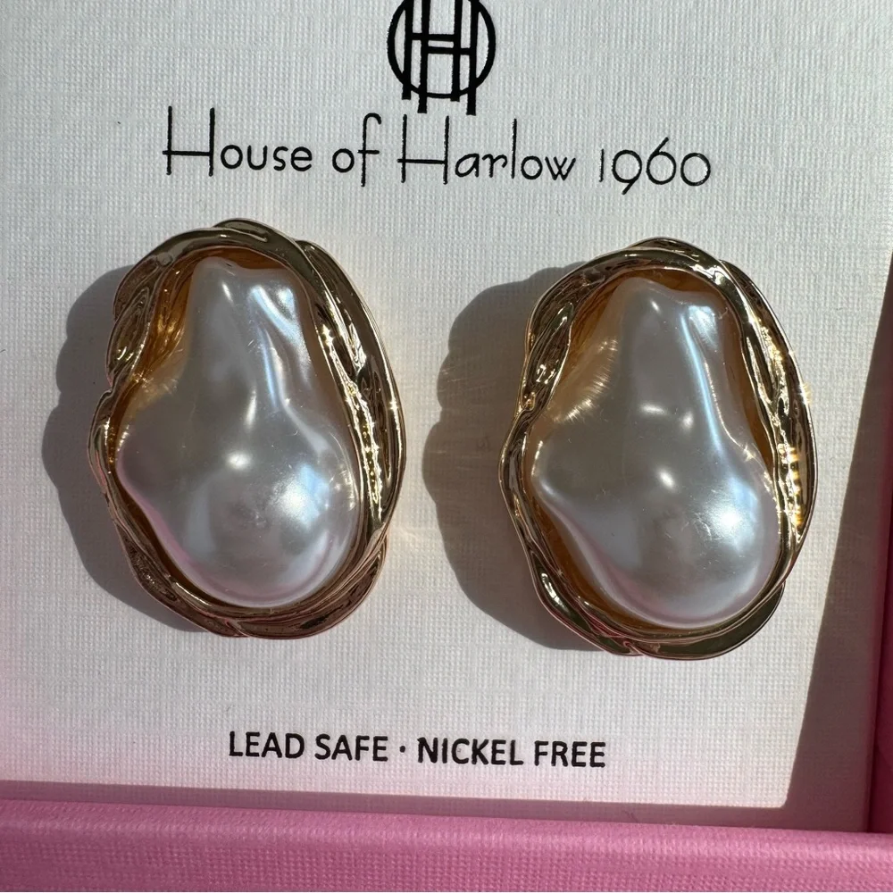 House of Harlow 1960 Faux Baroque Pearl Gold Tone Statement Stud Earrings NIB